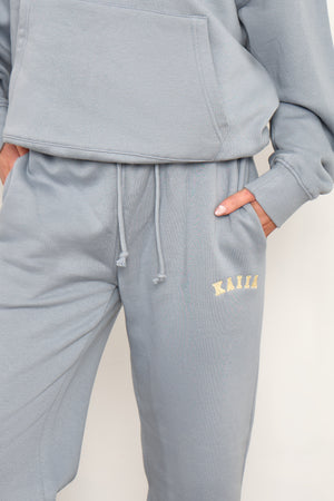 Kaiia Slogan Wide Leg Joggers Mist Grey & Yellow
