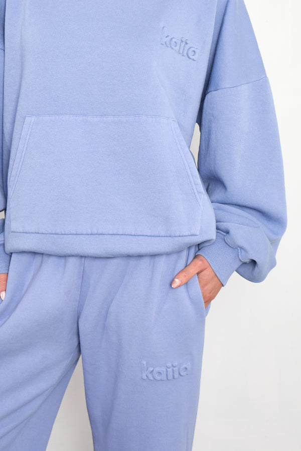 Kaiia Embossed Wide Leg Joggers Washed Periwinkle Blue