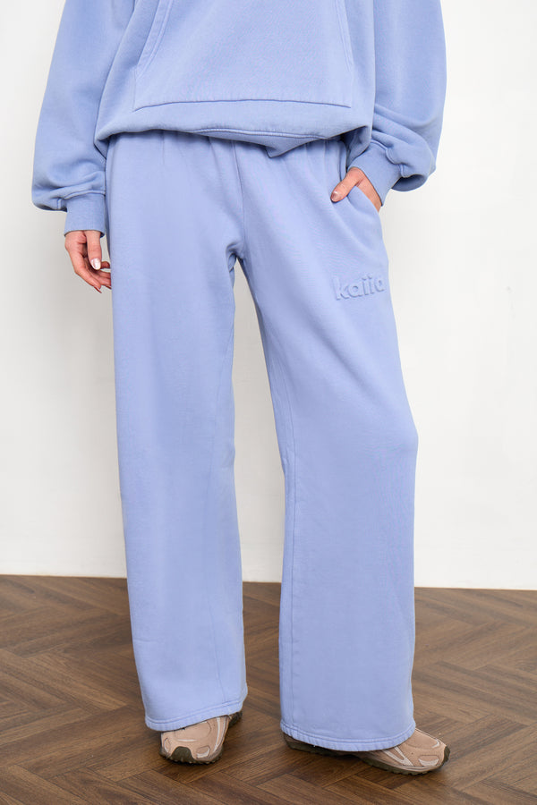 Kaiia Embossed Wide Leg Joggers Washed Periwinkle Blue
