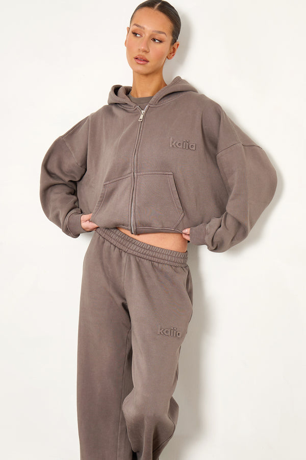 Kaiia Embossed Logo Wide Leg Joggers Washed Storm Grey