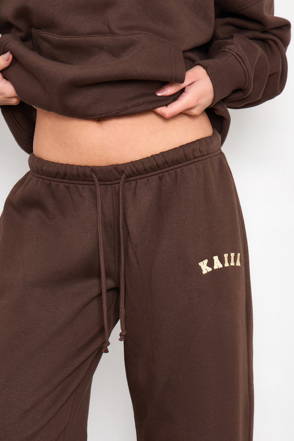 Kaiia Slogan Wide Leg Joggers Bitter Chocolate & Butter Yellow