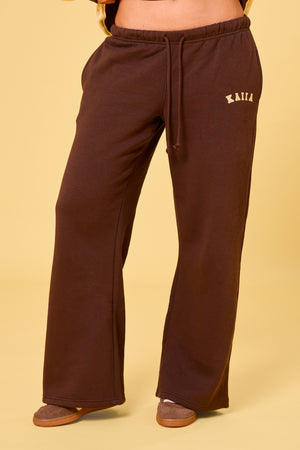 Kaiia Slogan Wide Leg Joggers Bitter Chocolate & Butter Yellow