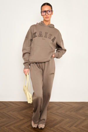 Kaiia Slogan Wide Leg Joggers Grey Taupe