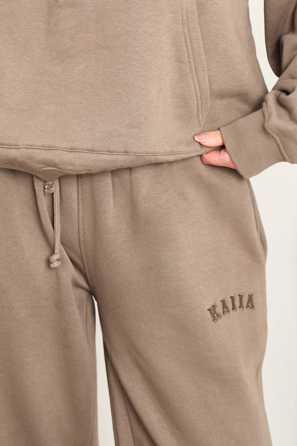 Kaiia Slogan Wide Leg Joggers Grey Taupe