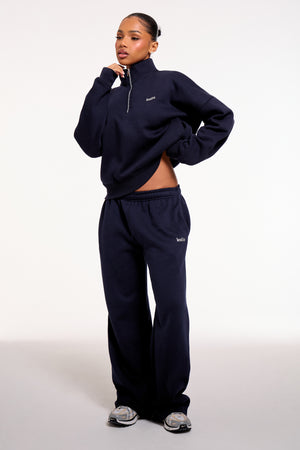 Kaiia Chrome Logo Mid Rise Wide Leg Joggers Navy