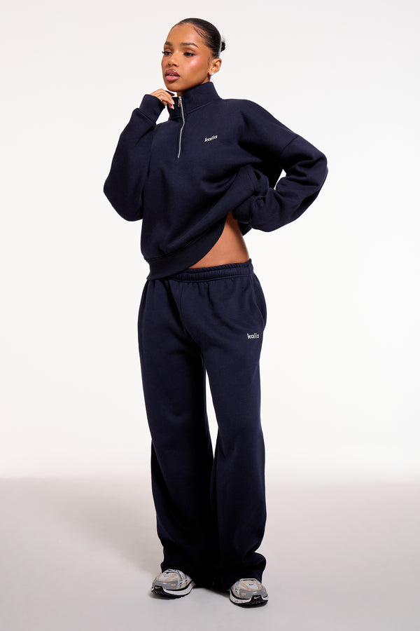 Kaiia Chrome Logo Mid Rise Wide Leg Joggers Navy