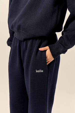 Kaiia Chrome Logo Mid Rise Wide Leg Joggers Navy