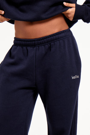 Kaiia Chrome Logo Mid Rise Wide Leg Joggers Navy