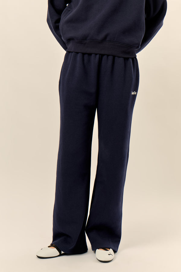 Kaiia Chrome Logo Mid Rise Wide Leg Joggers Navy