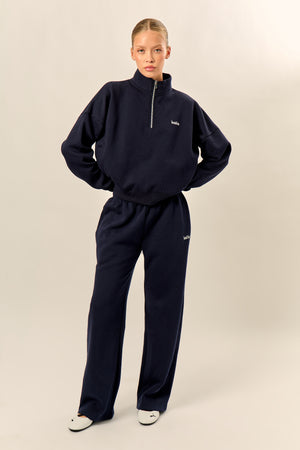 Kaiia Chrome Logo Mid Rise Wide Leg Joggers Navy