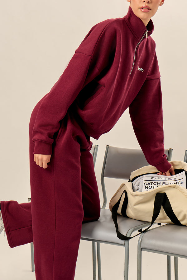 Kaiia Chrome Logo Mid Rise Wide Leg Joggers Burgundy