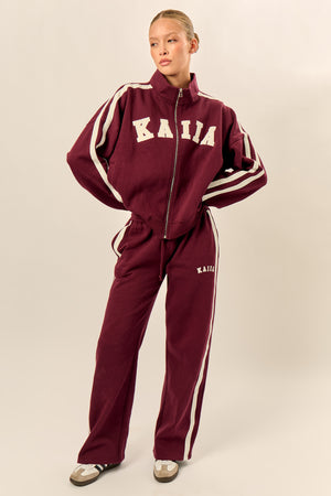 Kaiia Sport Stripe Wide Leg Joggers Burgundy & Cream