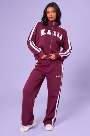 Kaiia Sport Stripe Wide Leg Joggers Burgundy & Cream