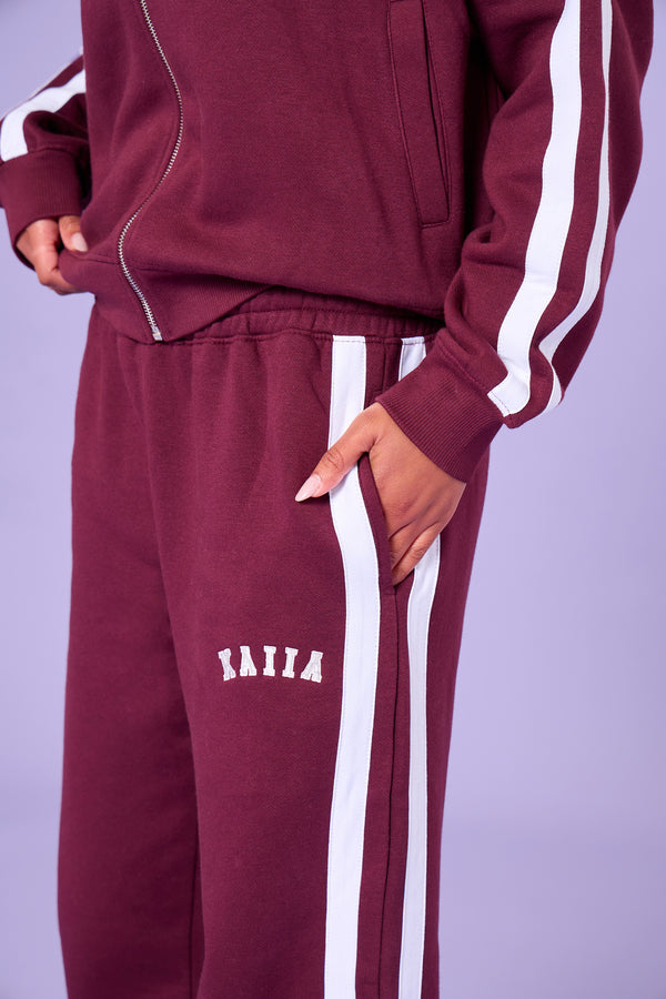 Kaiia Sport Stripe Wide Leg Joggers Burgundy & Cream