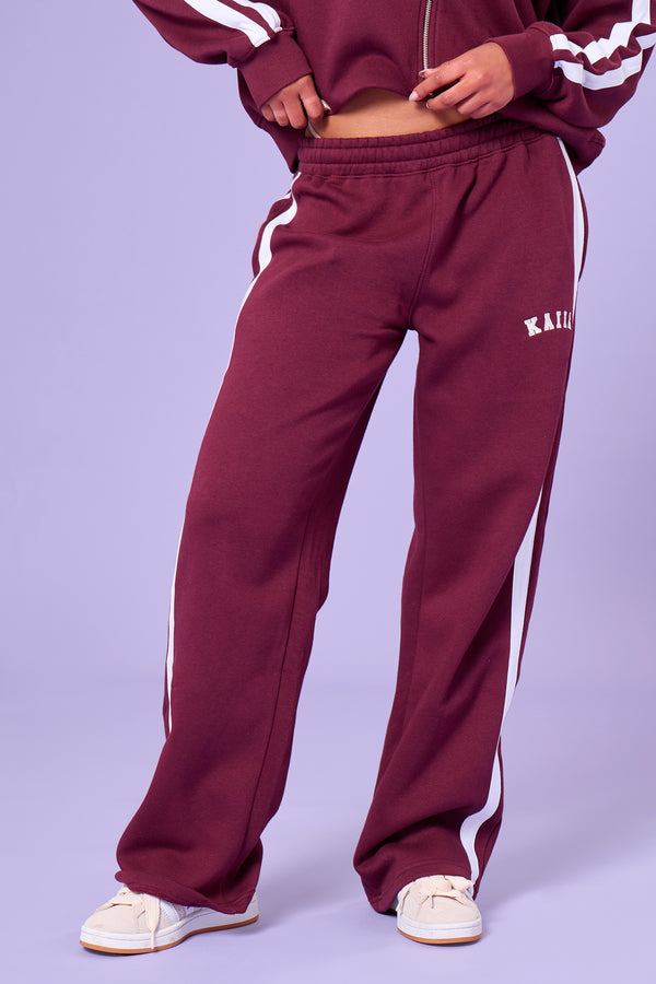 Kaiia Sport Stripe Wide Leg Joggers Burgundy & Cream
