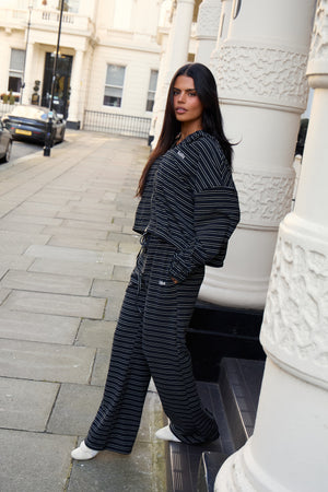 Kaiia Striped Fleece Wide Leg Trousers Navy & Cream