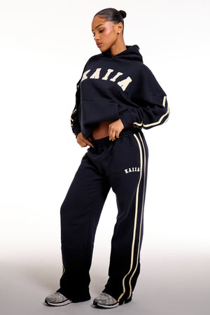 Kaiia Sport Side Stripe Wide Leg Joggers Ink Blue & Soft Yellow