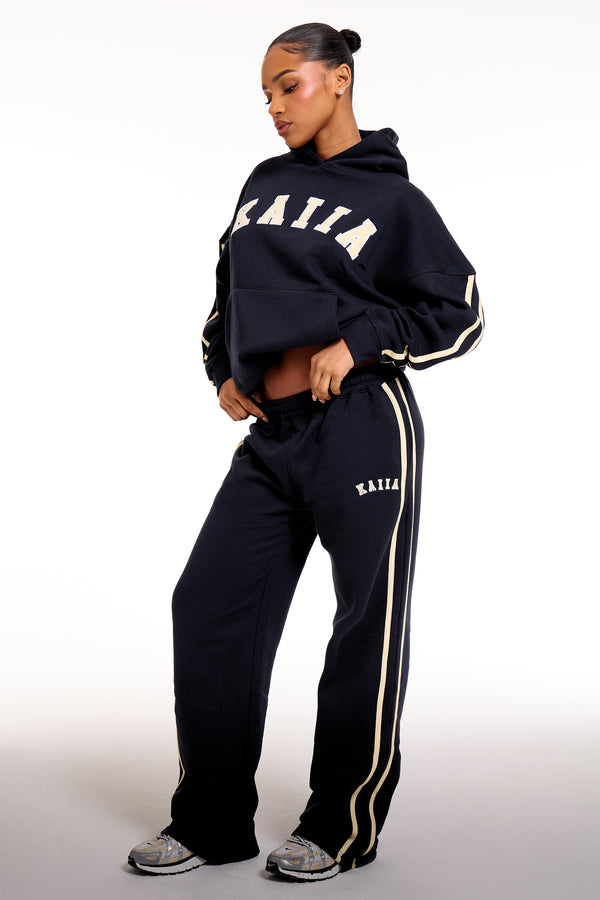 Kaiia Sport Side Stripe Wide Leg Joggers Ink Blue & Soft Yellow