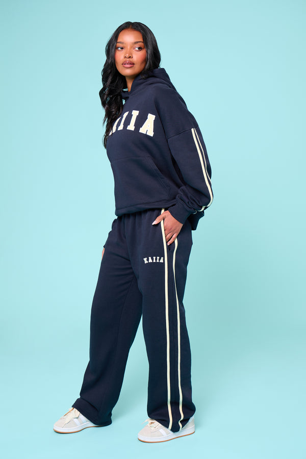 Kaiia Sport Side Stripe Wide Leg Joggers Ink Blue & Soft Yellow