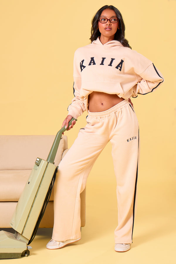 Kaiia Slogan Side Stripe Wide Leg Joggers Cream & Navy
