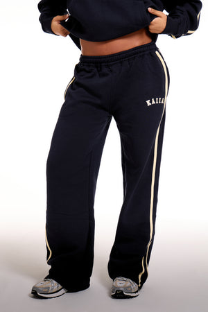 Kaiia Sport Side Stripe Wide Leg Joggers Ink Blue & Soft Yellow