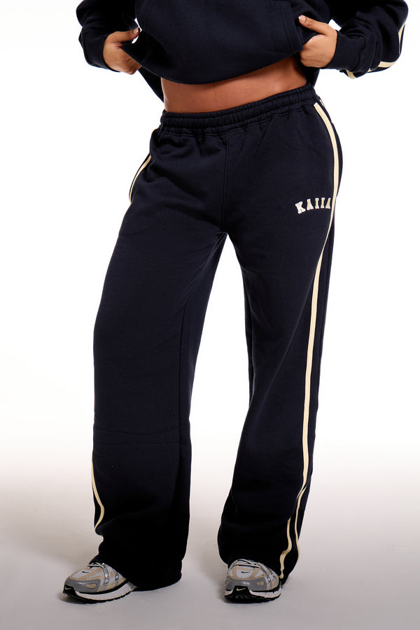 Kaiia Sport Side Stripe Wide Leg Joggers Ink Blue & Soft Yellow
