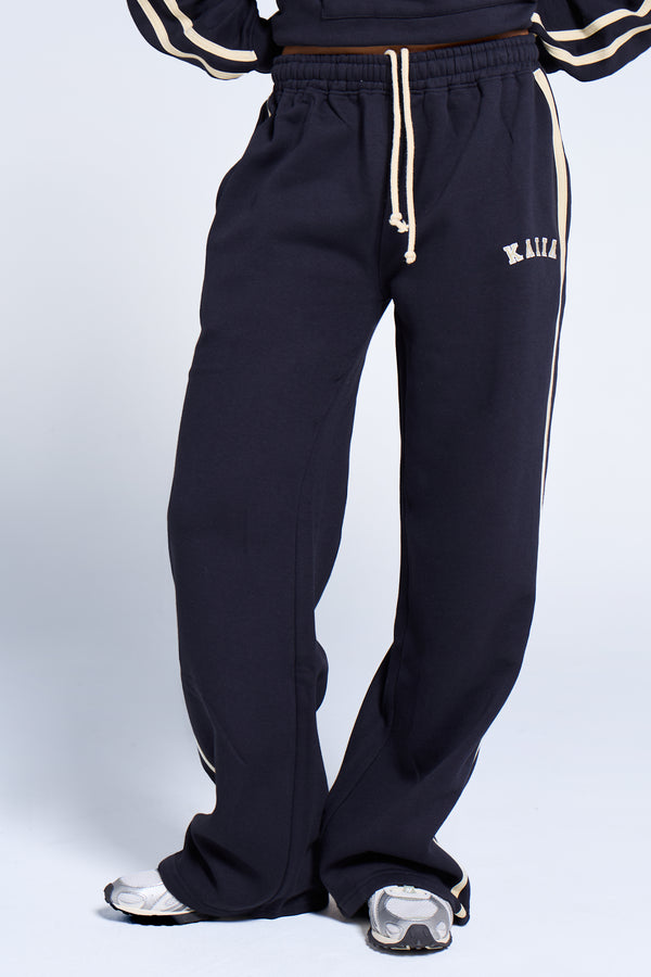 Kaiia Sport Side Stripe Wide Leg Joggers Ink Blue & Lemon