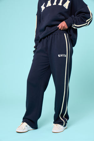 Kaiia Sport Side Stripe Wide Leg Joggers Ink Blue & Soft Yellow