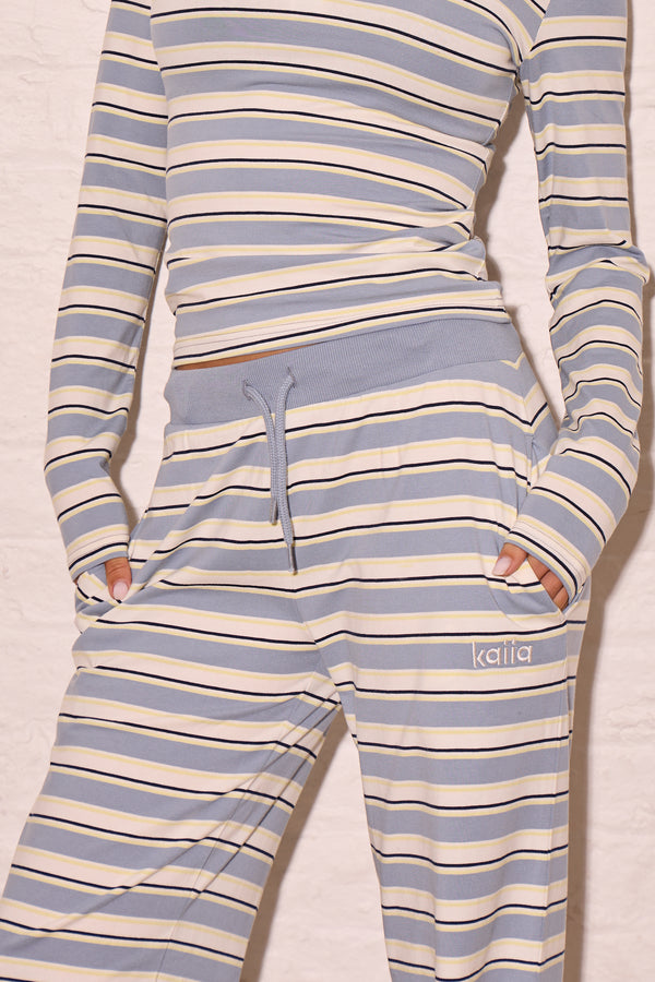Kaiia Striped Wide Leg Trousers Soft Blue & Yellow
