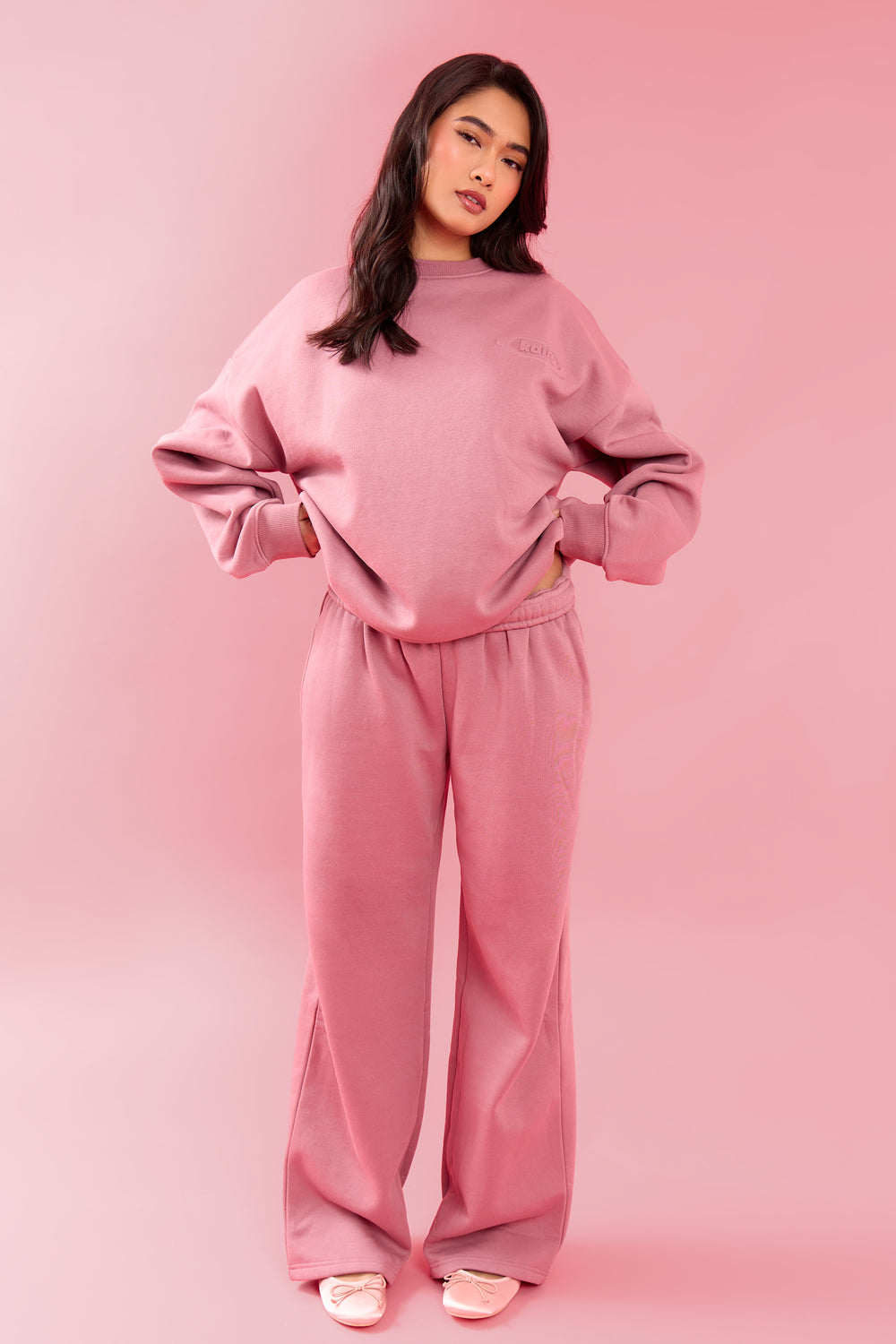 Kaiia Oval Embossed Folded Waistband Wide Leg Joggers Rose Latte