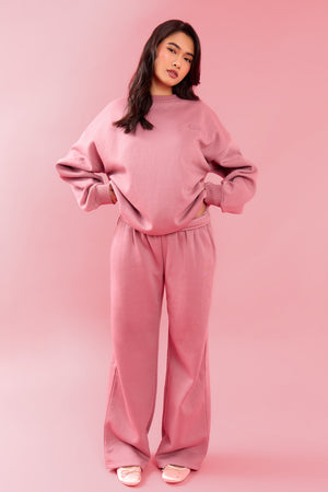 Kaiia Oval Embossed Folded Waistband Wide Leg Joggers Rose Latte