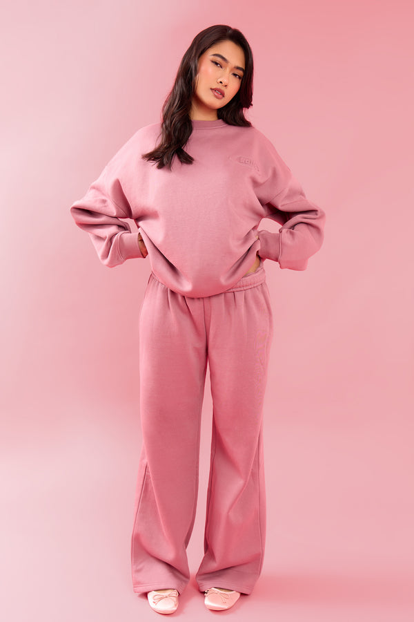 Kaiia Oval Embossed Folded Waistband Wide Leg Joggers Rose Latte