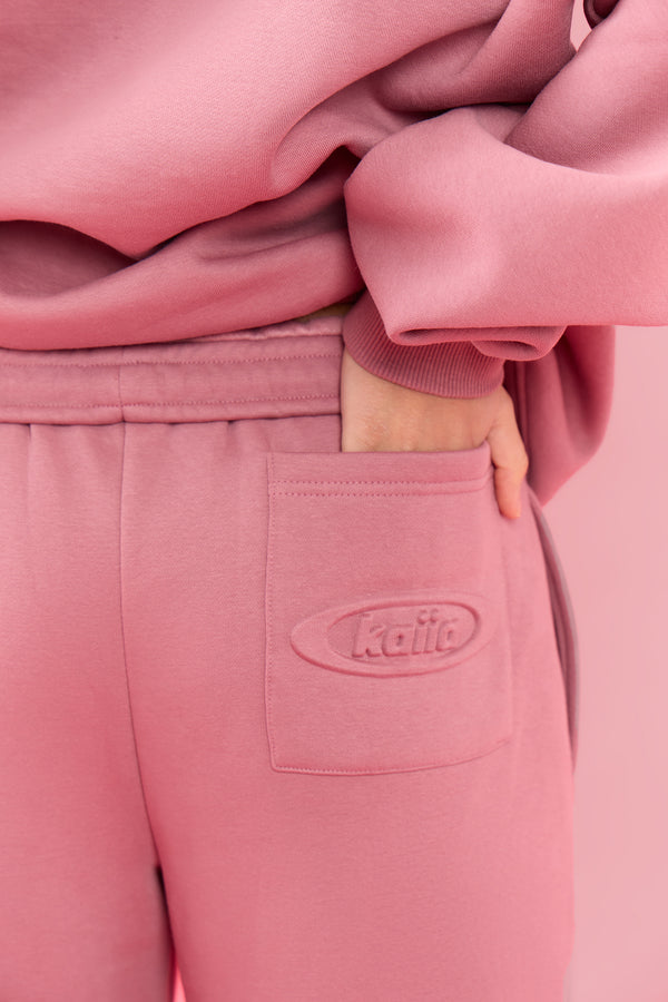 Kaiia Oval Embossed Folded Waistband Wide Leg Joggers Rose Latte