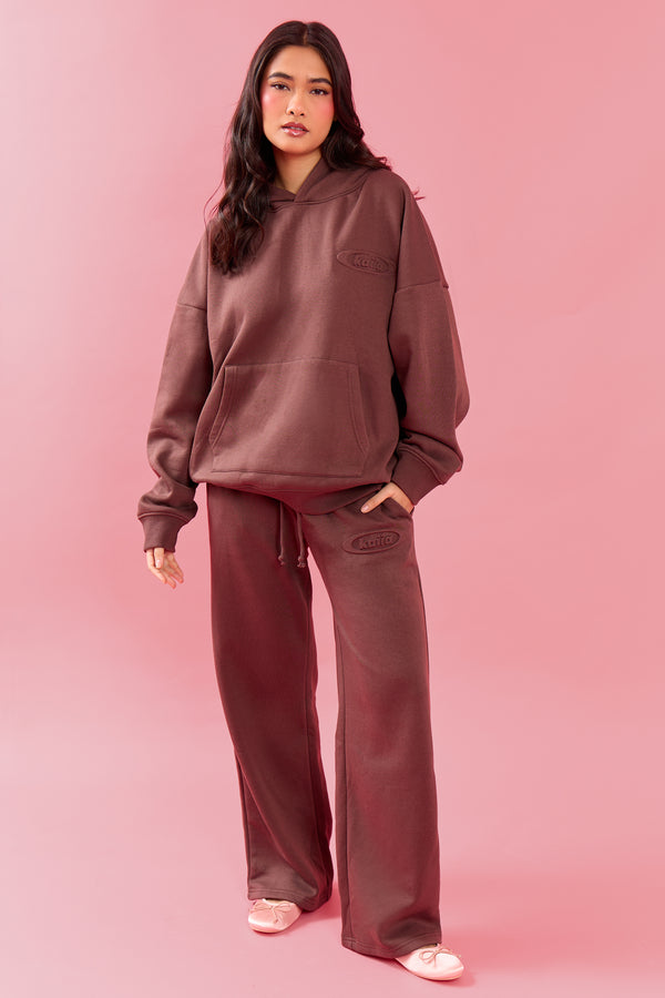 Kaiia Oval Embossed Folded Waistband Wide Leg Joggers Cocoa Brown