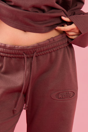Kaiia Oval Embossed Folded Waistband Wide Leg Joggers Cocoa Brown
