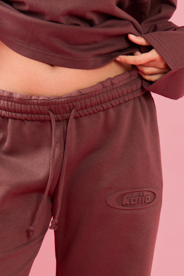 Kaiia Oval Embossed Folded Waistband Wide Leg Joggers Cocoa Brown