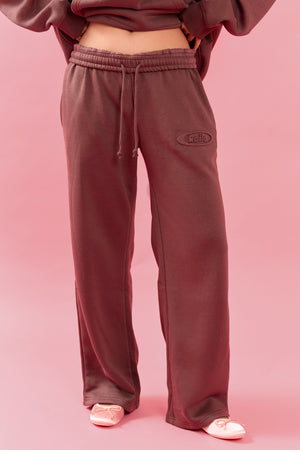Kaiia Oval Embossed Folded Waistband Wide Leg Joggers Cocoa Brown