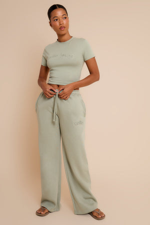 Kaiia Jeans Embossed Wide Leg Joggers Eucalyptus