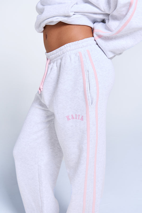 Kaiia Sport Side Stripe Wide Leg Joggers Light Grey Marl & Pink Sugar