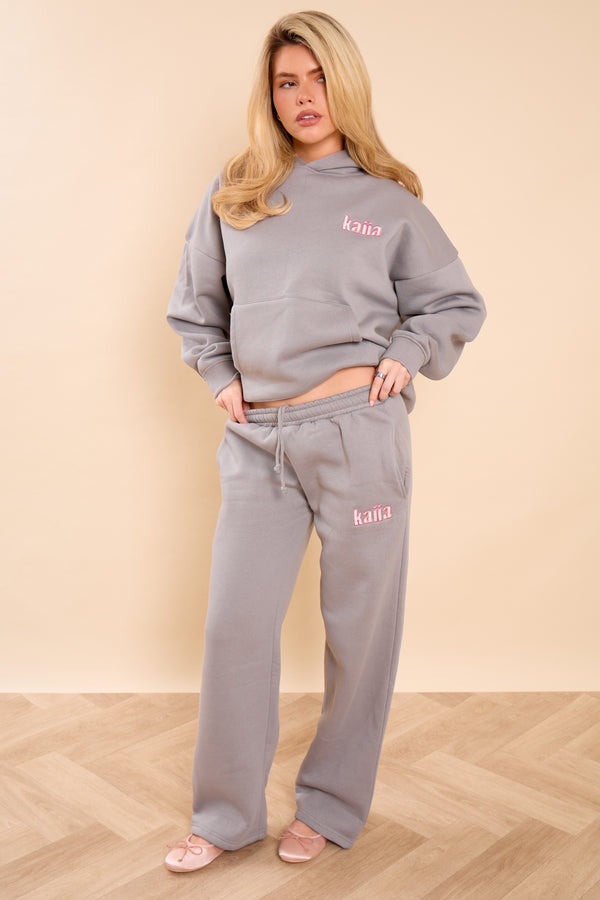 Kaiia Slogan Wide Leg Joggers Earl Grey & Pink Sugar