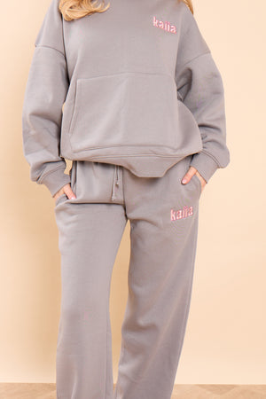 Kaiia Slogan Wide Leg Joggers Earl Grey & Pink Sugar