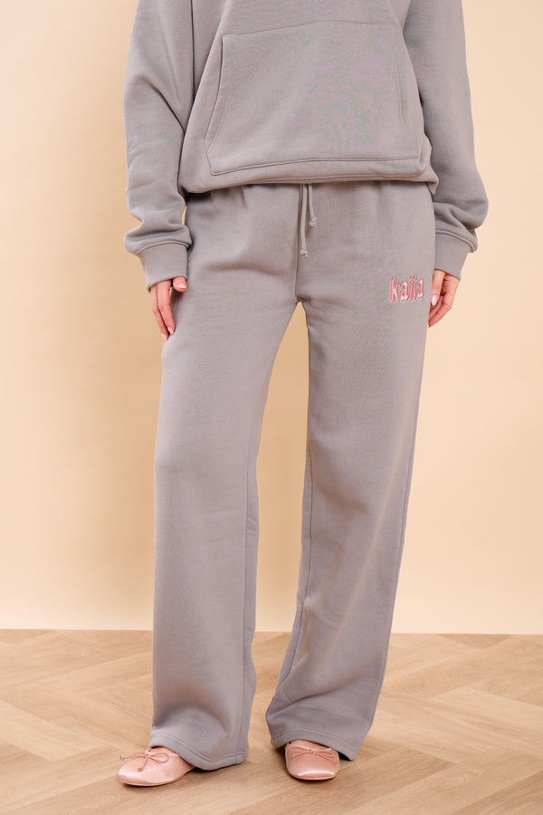 Kaiia Slogan Wide Leg Joggers Earl Grey & Pink Sugar