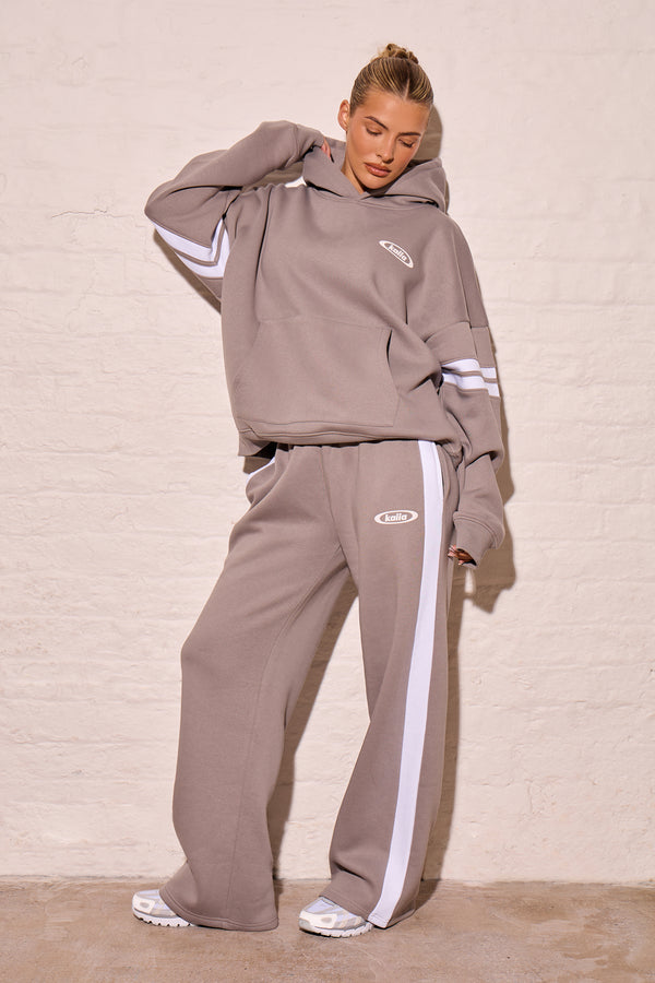 Kaiia Side Stripe Wide Leg Joggers Mist Grey & Cream