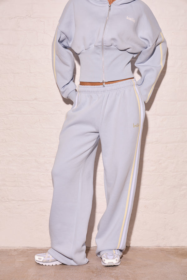 Kaiia Side Stripe Wide Leg Joggers Dusty Blue & Lemon