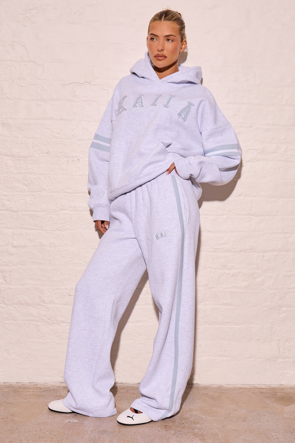 Kaiia Side Stripe Wide Leg Joggers Light Grey Marl & Dusty Blue