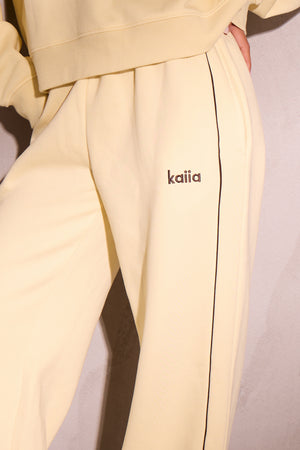Kaiia Contrast Piping Wide Leg Joggers Lemon & Brown