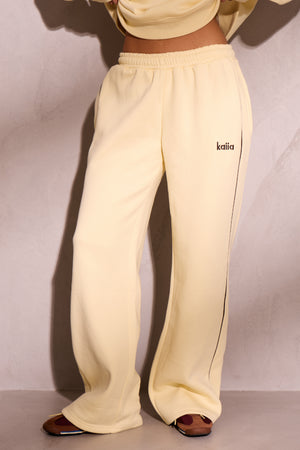 Kaiia Contrast Piping Wide Leg Joggers Lemon & Brown