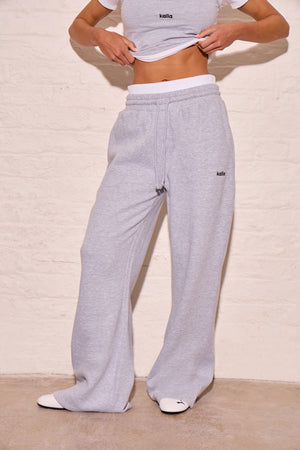 Kaiia Double Waistband High Waisted Joggers Mid Grey Marl