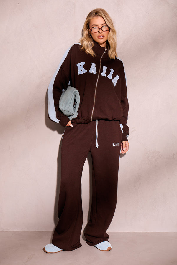 Kaiia Sport Stripe Wide Leg Joggers Chestnut Brown & Dusty Blue