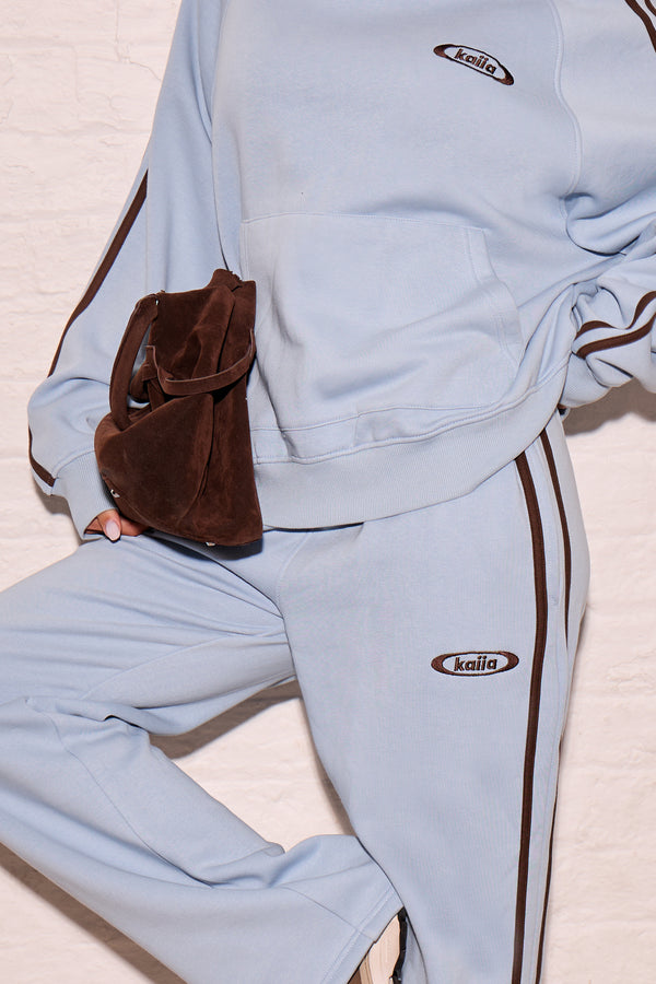 Kaiia Logo Side Stripe Wide Leg Joggers Dusty Blue & Chestnut Brown